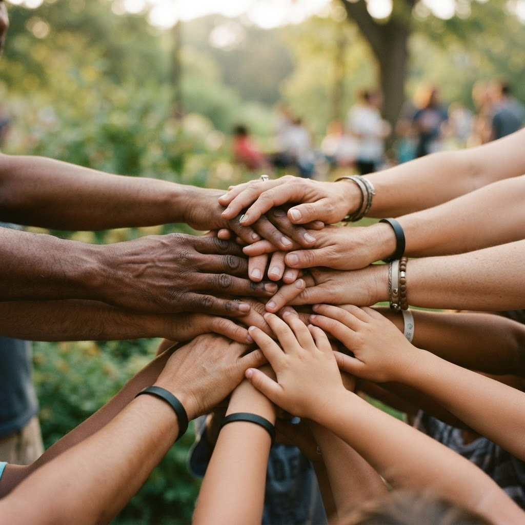 Many diverse hands of different ages and backgrounds joined together in unity
